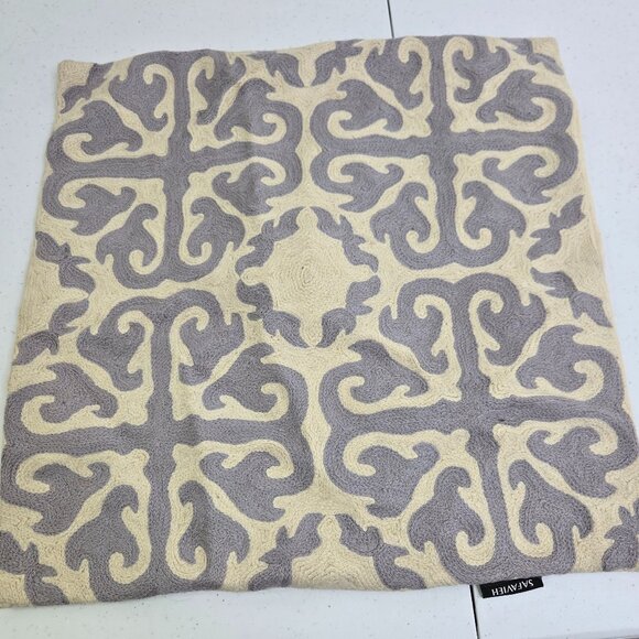 Safavieh Moroccan Pillow Cover 17 x 17 Gray Cream Swirl Wool Cotton Blue - Picture 1 of 10